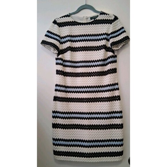 Lauren Ralph Lauren Short Sleeve Chevron Stripe Crochet Knit Dress 10 White Blue - Picture 2 of 10